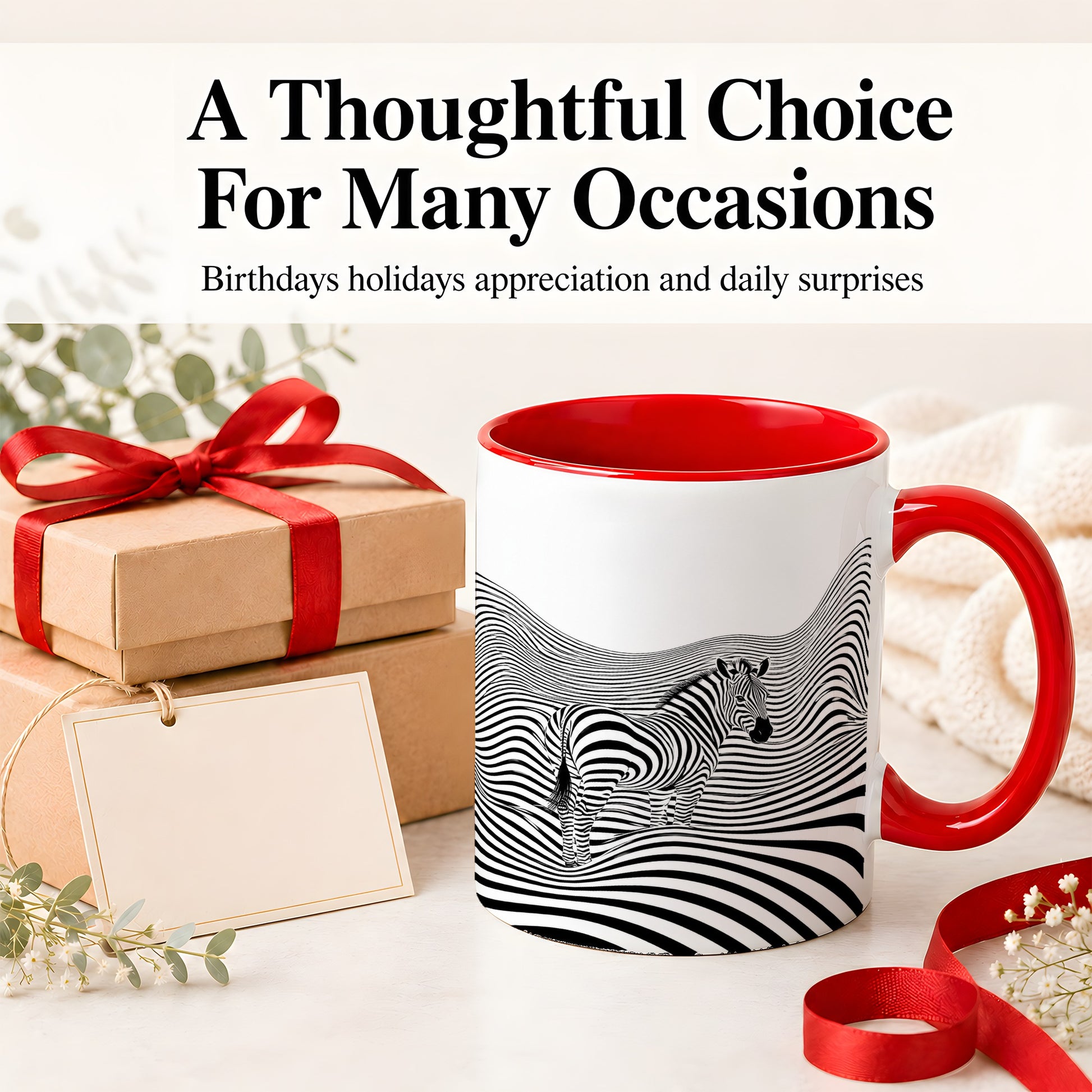 #pl[11oz|Red] Optical Zebra Ceramic Mug, Black White Wave Art for Animal Lovers