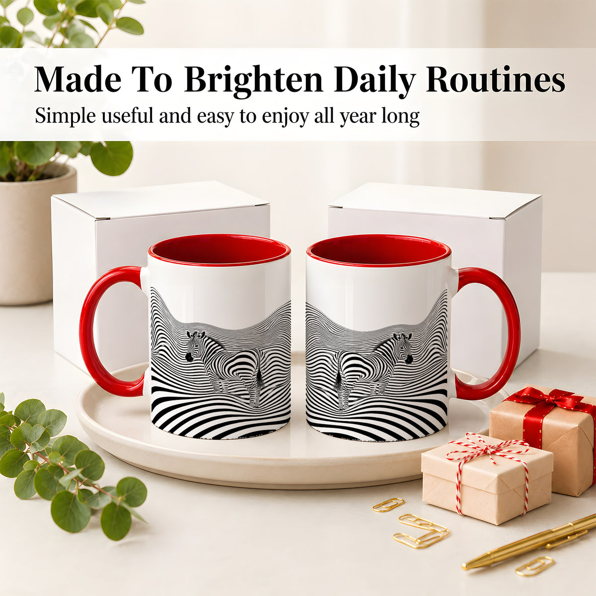 #pl[11oz|Red] Optical Zebra Ceramic Mug, Black White Wave Art for Animal Lovers