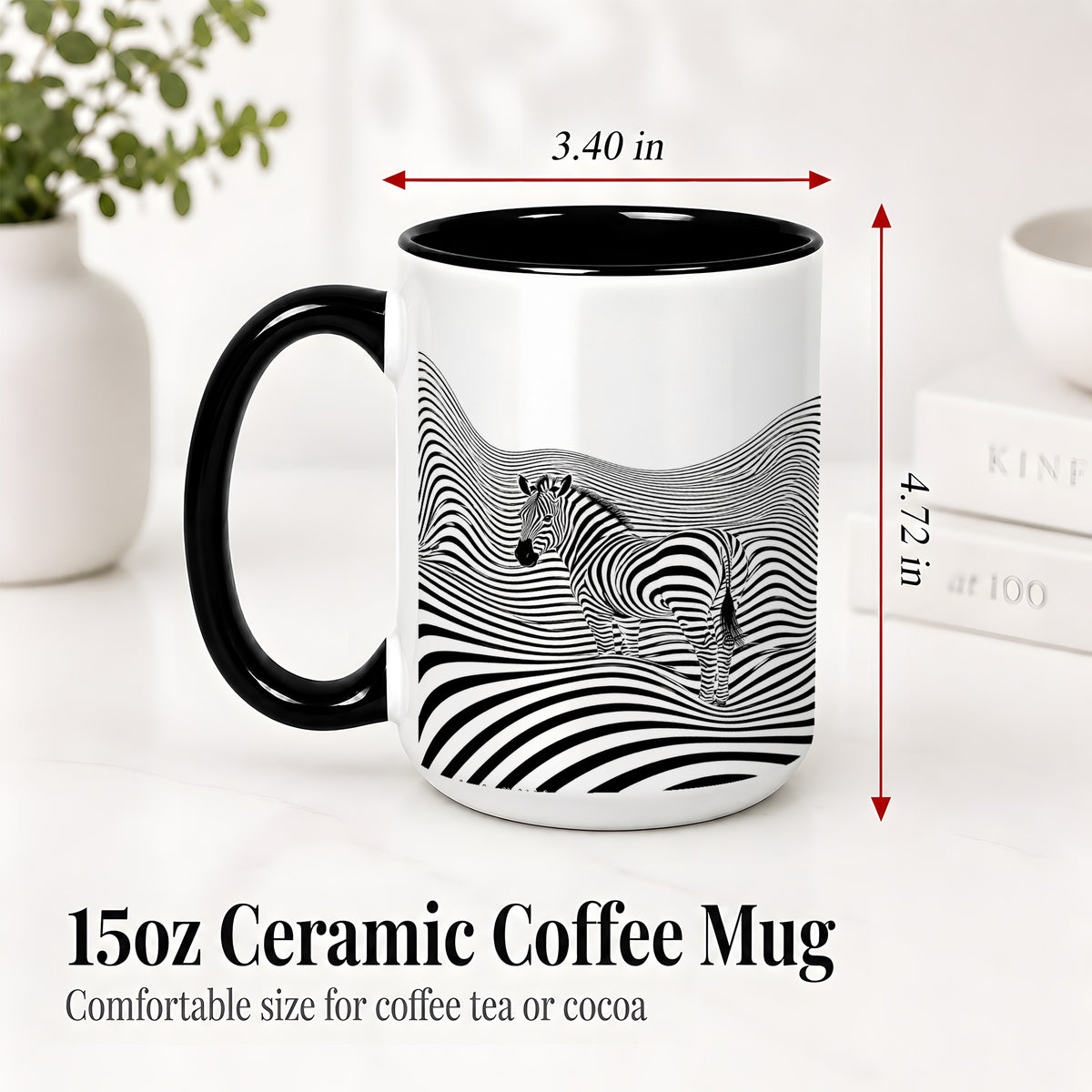 #pl[15oz|Black] Optical Zebra Ceramic Mug, Black White Wave Art for Animal Lovers