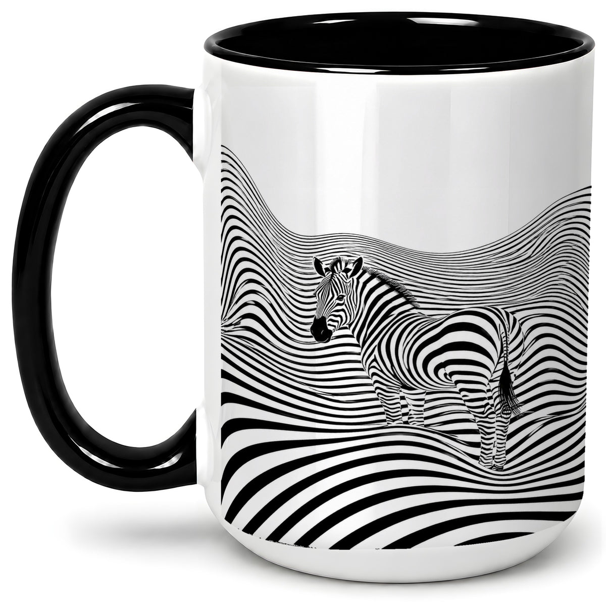 #pl[15oz|Black] Optical Zebra Ceramic Mug, Black White Wave Art for Animal Lovers