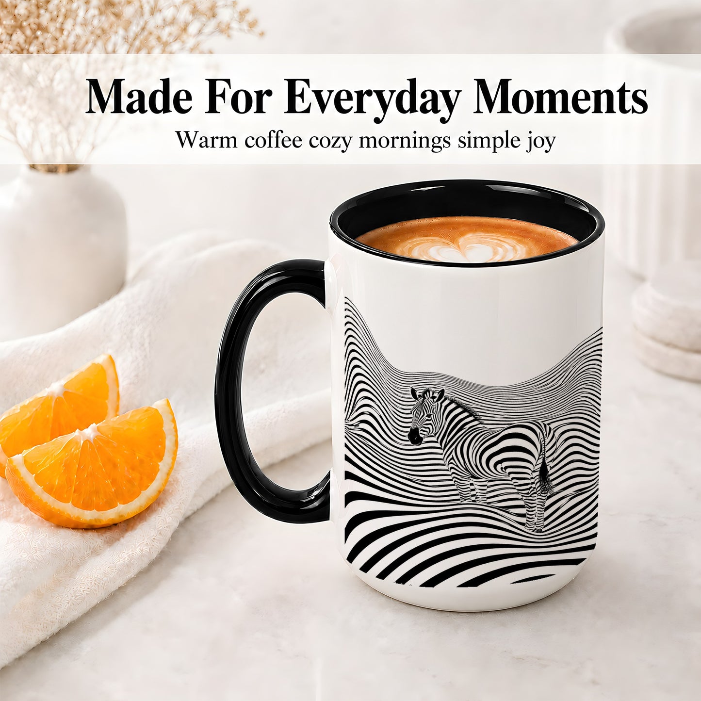 #pl[15oz|Black] Optical Zebra Ceramic Mug, Black White Wave Art for Animal Lovers