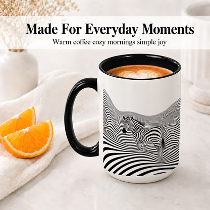#pl[15oz|Black] Optical Zebra Ceramic Mug, Black White Wave Art for Animal Lovers