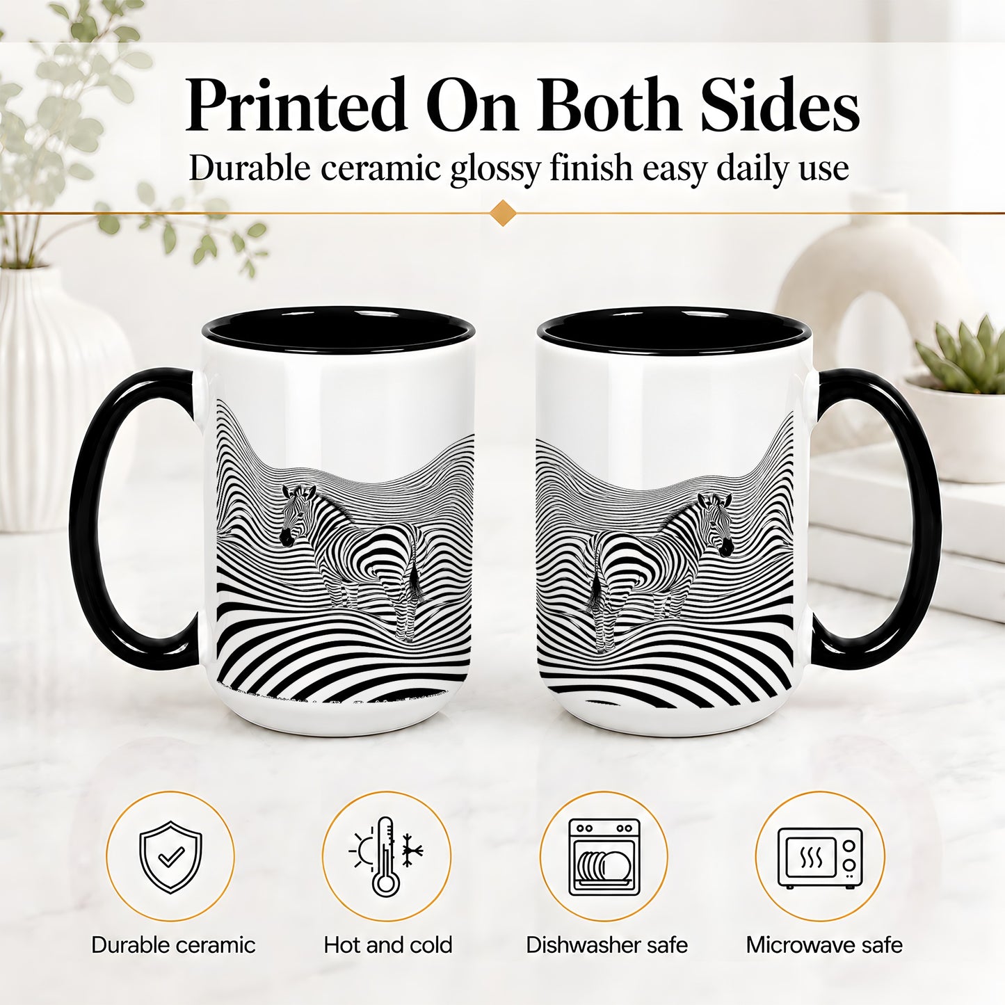 #pl[15oz|Black] Optical Zebra Ceramic Mug, Black White Wave Art for Animal Lovers