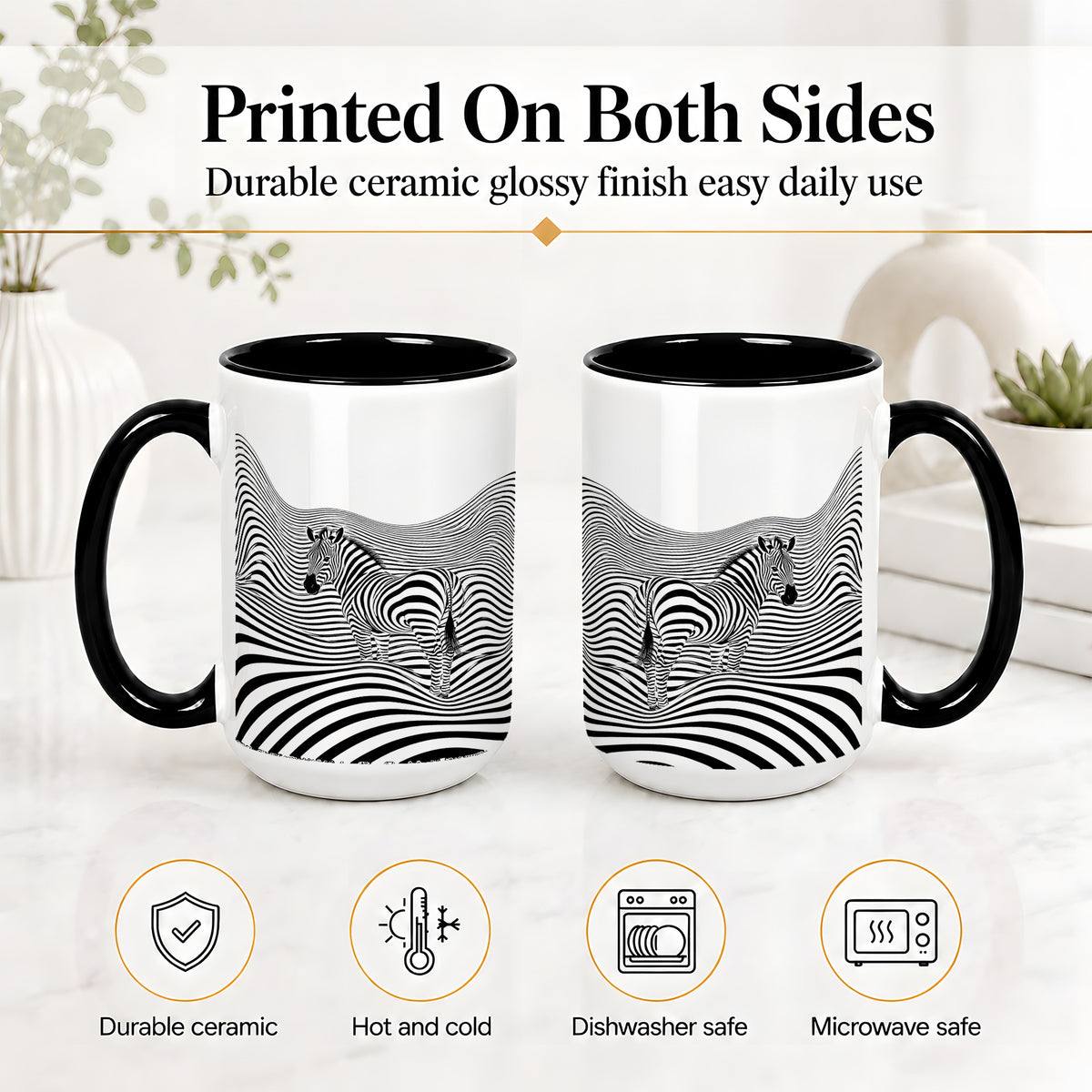 #pl[15oz|Black] Optical Zebra Ceramic Mug, Black White Wave Art for Animal Lovers