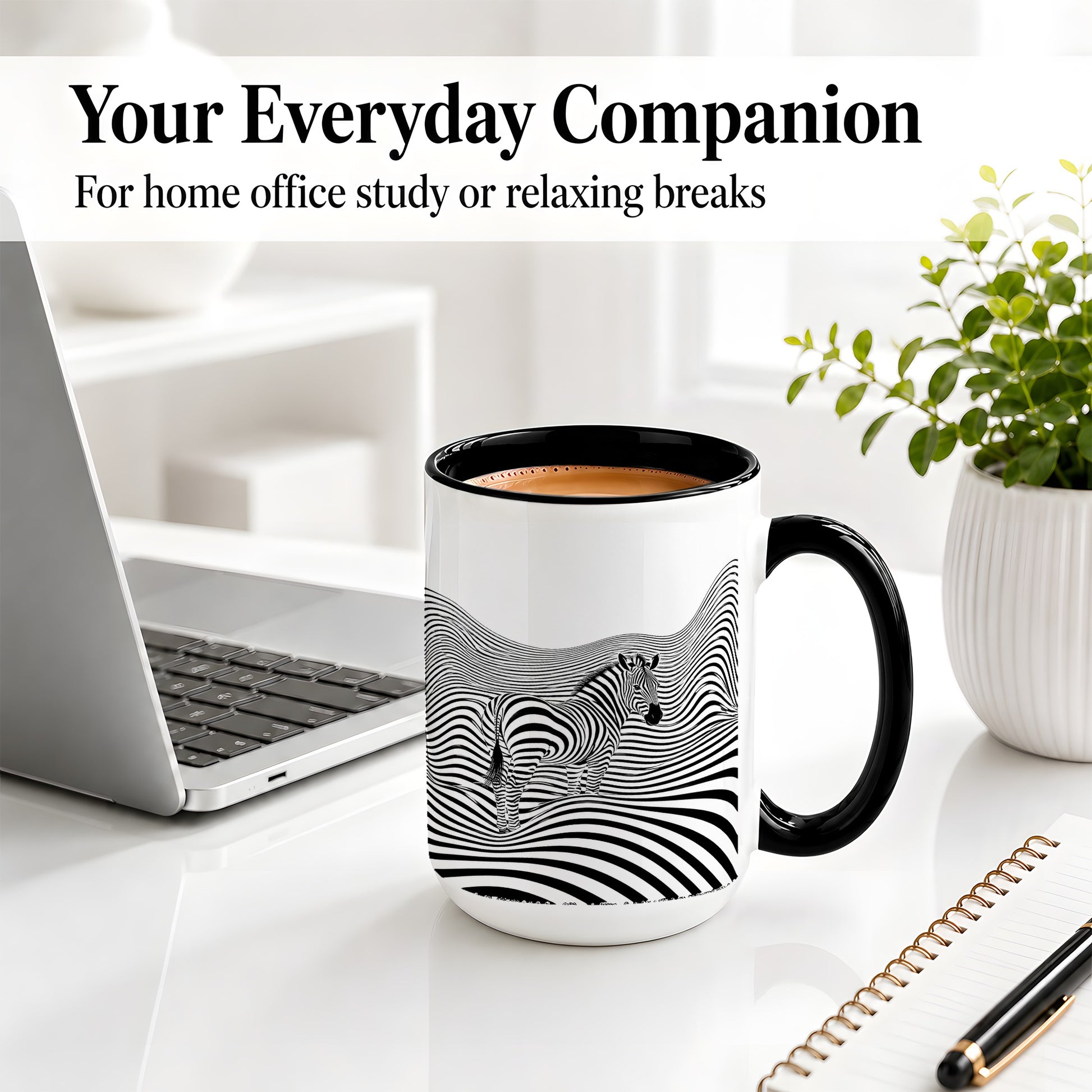 #pl[15oz|Black] Optical Zebra Ceramic Mug, Black White Wave Art for Animal Lovers