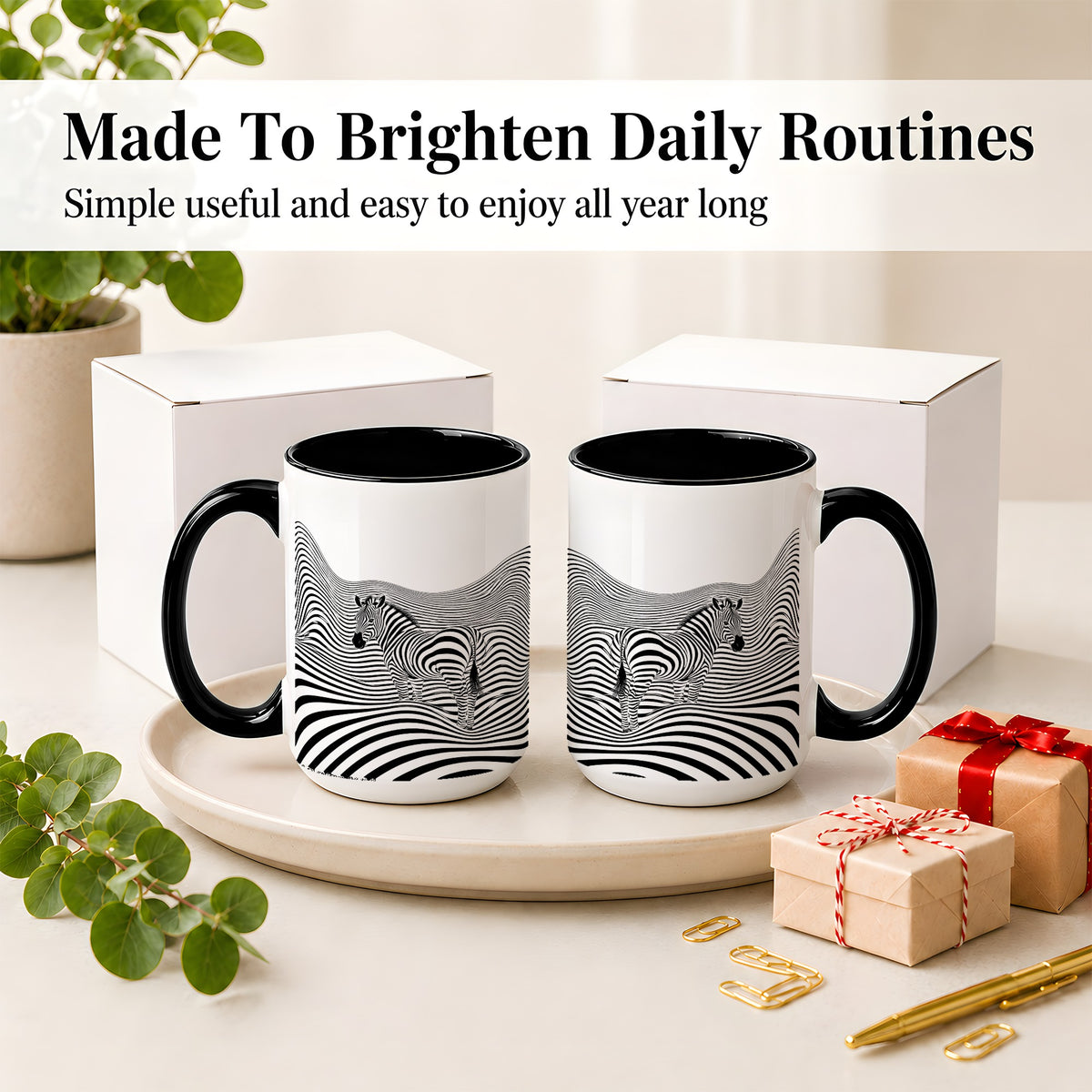 #pl[15oz|Black] Optical Zebra Ceramic Mug, Black White Wave Art for Animal Lovers