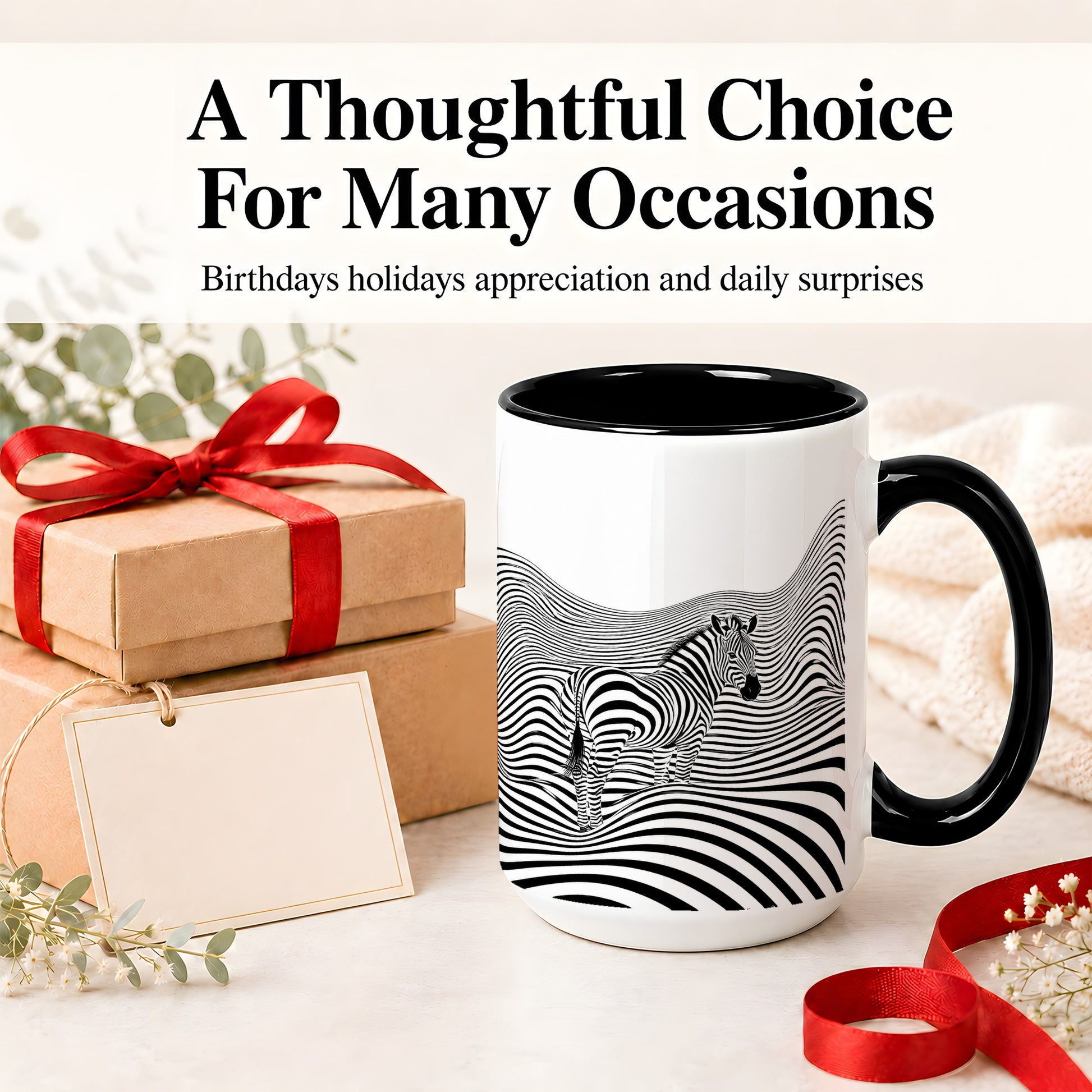 #pl[15oz|Black] Optical Zebra Ceramic Mug, Black White Wave Art for Animal Lovers