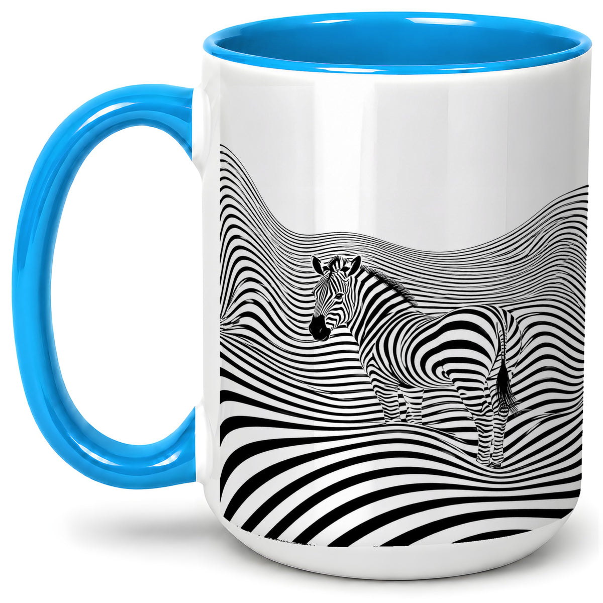 #pl[15oz|Blue] Optical Zebra Ceramic Mug, Black White Wave Art for Animal Lovers