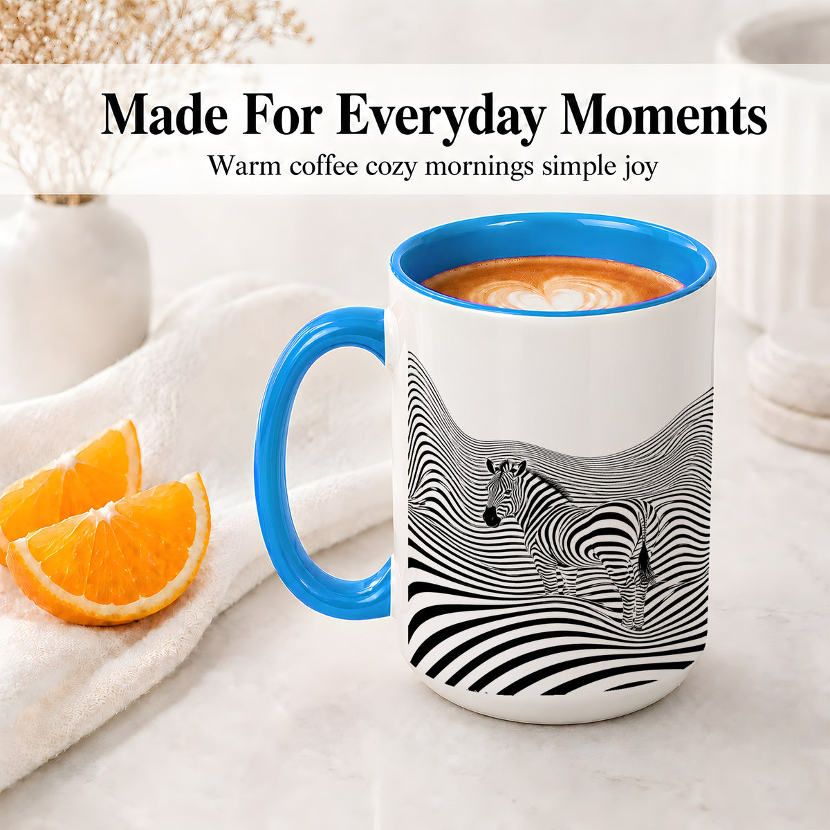 #pl[15oz|Blue] Optical Zebra Ceramic Mug, Black White Wave Art for Animal Lovers
