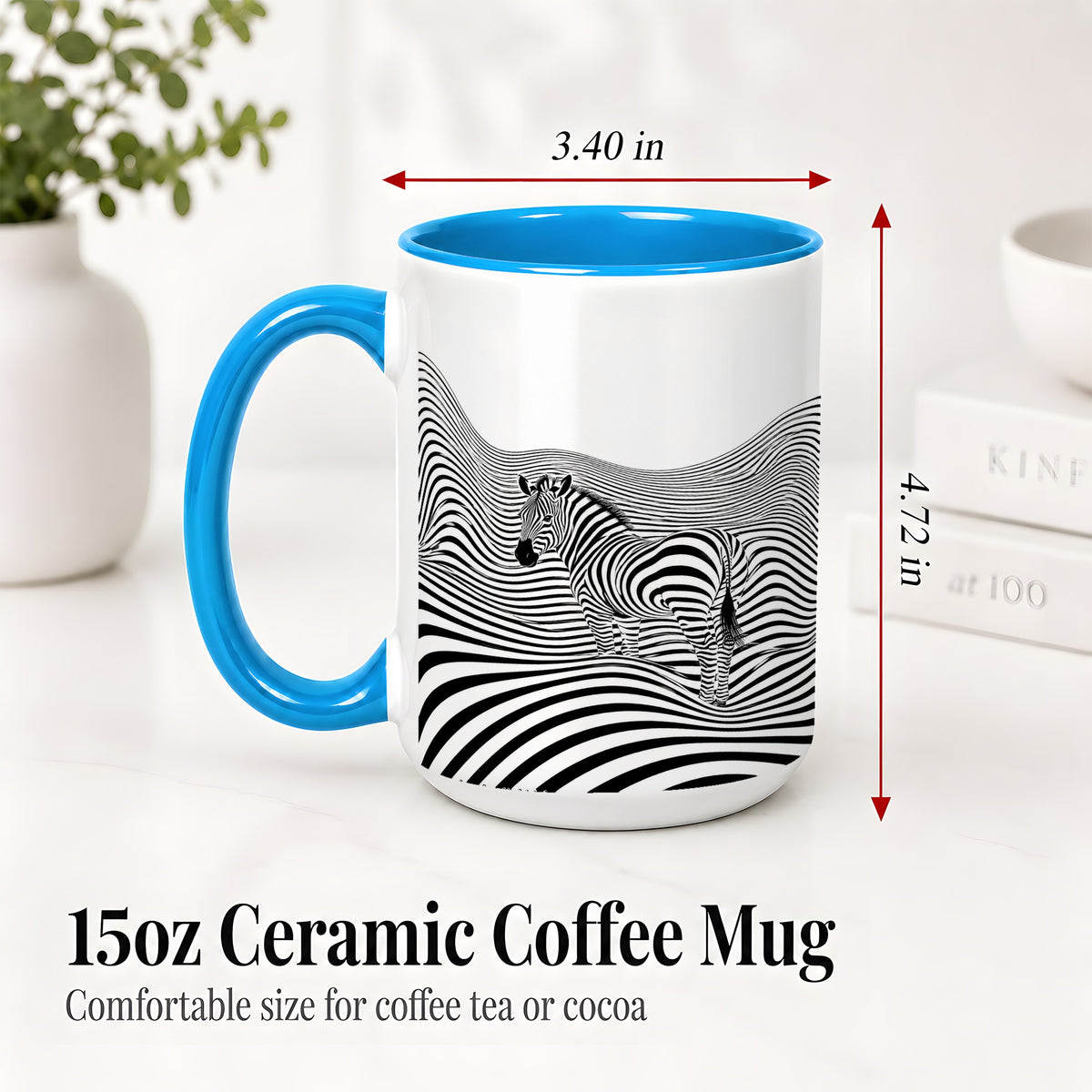#pl[15oz|Blue] Optical Zebra Ceramic Mug, Black White Wave Art for Animal Lovers
