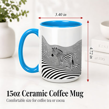 #pl[15oz|Blue] Optical Zebra Ceramic Mug, Black White Wave Art for Animal Lovers