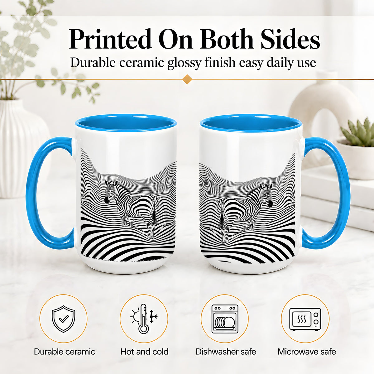 #pl[15oz|Blue] Optical Zebra Ceramic Mug, Black White Wave Art for Animal Lovers