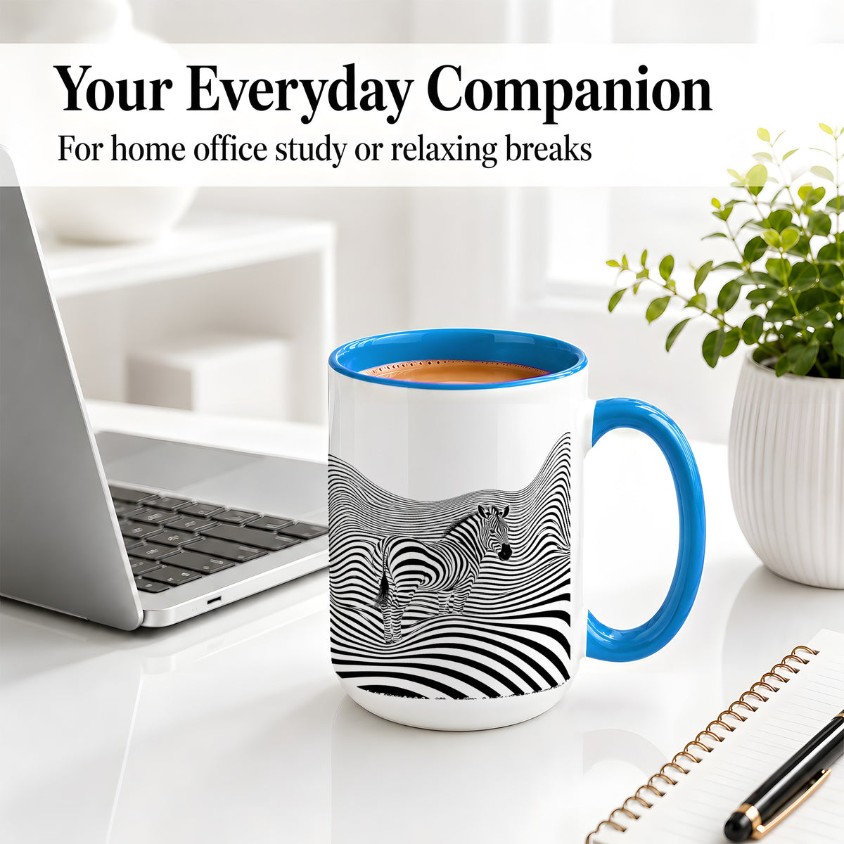 #pl[15oz|Blue] Optical Zebra Ceramic Mug, Black White Wave Art for Animal Lovers
