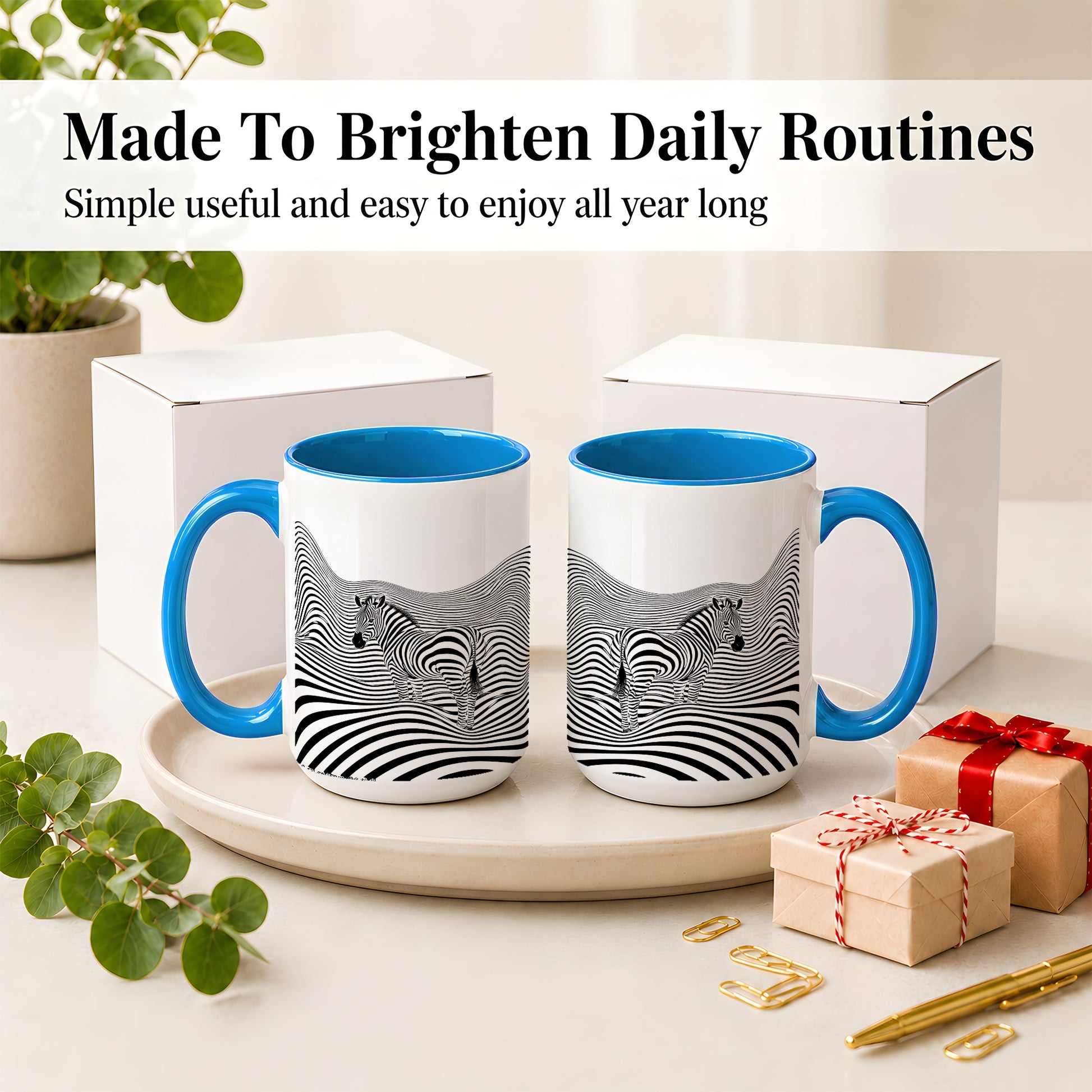 #pl[15oz|Blue] Optical Zebra Ceramic Mug, Black White Wave Art for Animal Lovers