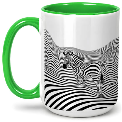 #pl[15oz|Green] Optical Zebra Ceramic Mug, Black White Wave Art for Animal Lovers