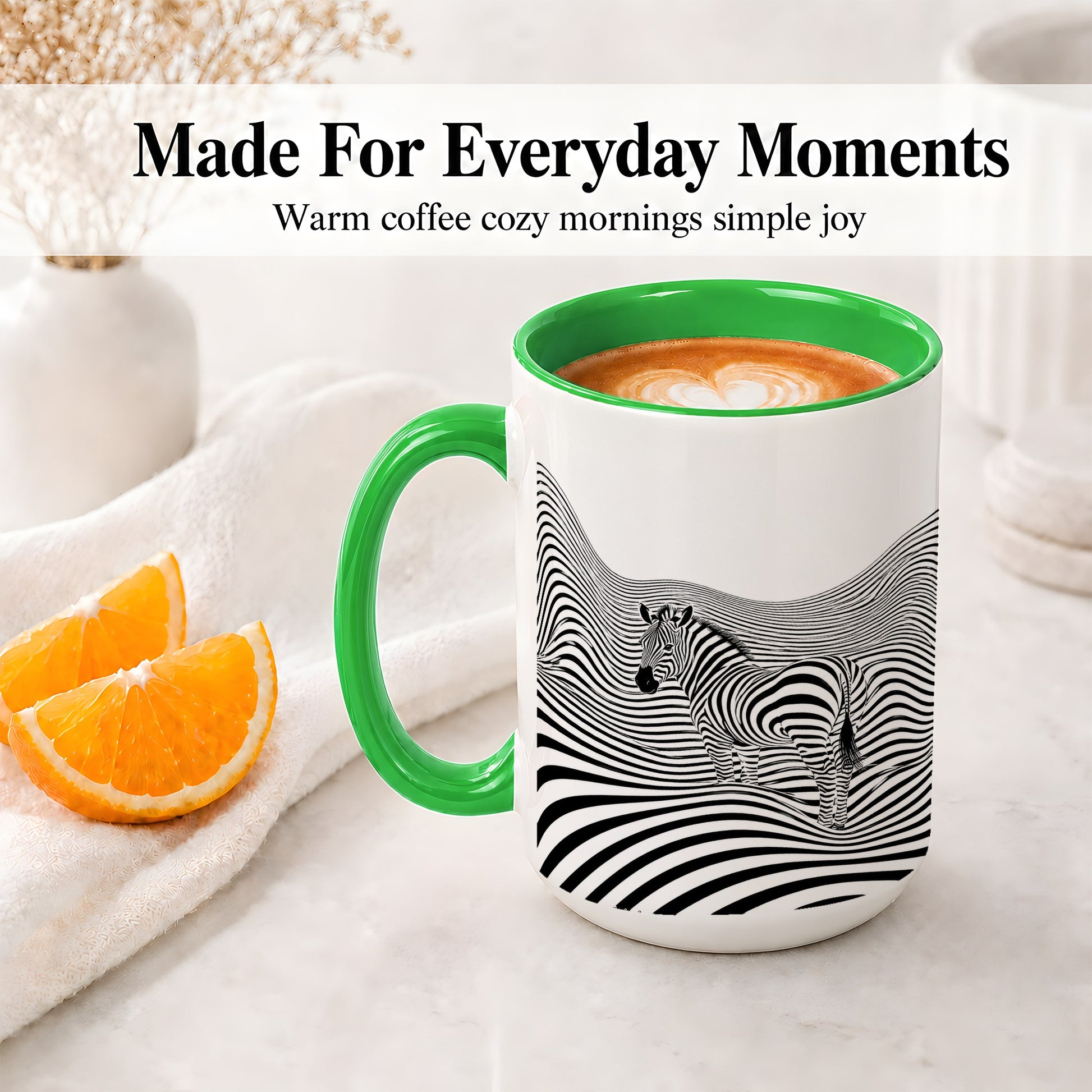 #pl[15oz|Green] Optical Zebra Ceramic Mug, Black White Wave Art for Animal Lovers