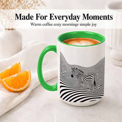 #pl[15oz|Green] Optical Zebra Ceramic Mug, Black White Wave Art for Animal Lovers
