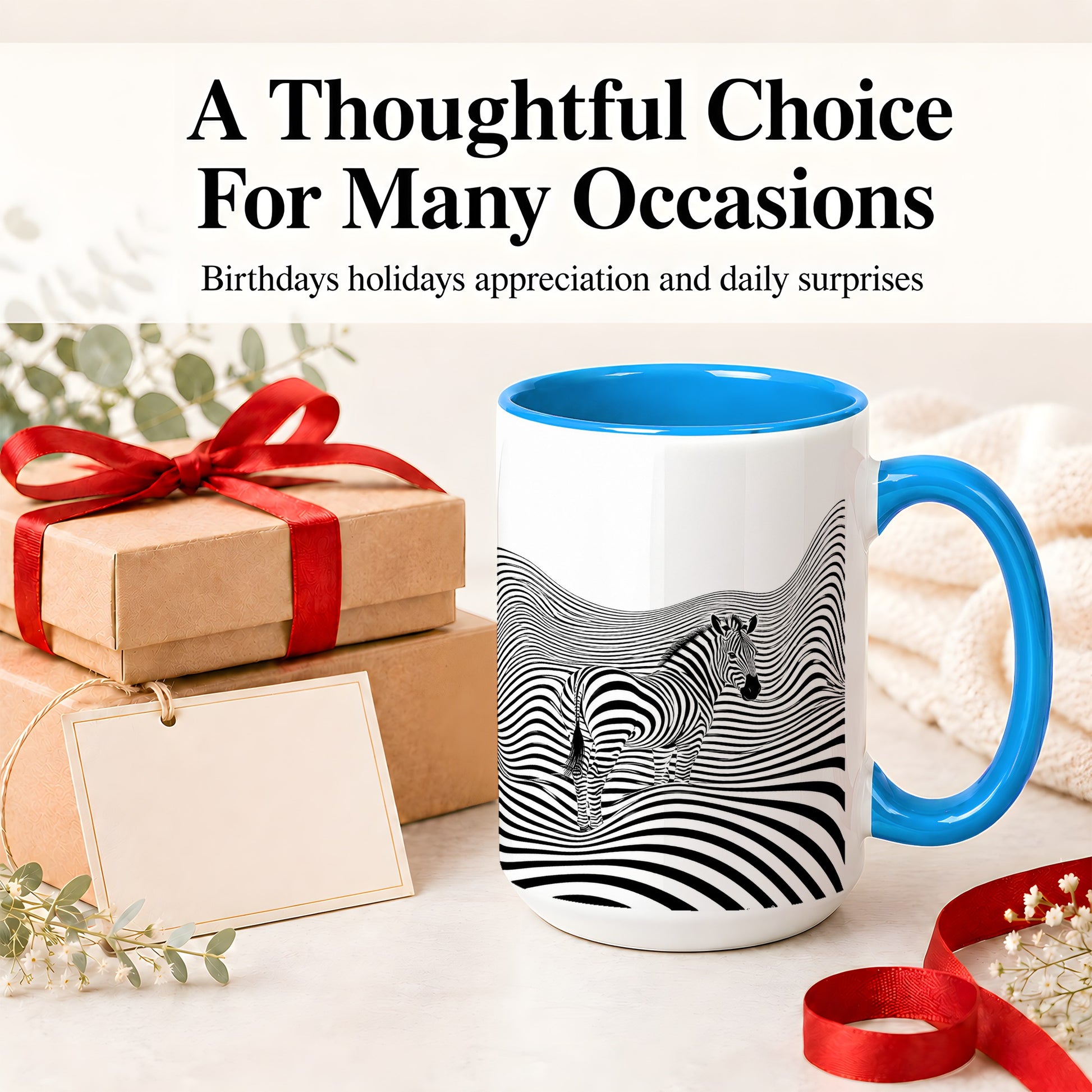 #pl[15oz|Blue] Optical Zebra Ceramic Mug, Black White Wave Art for Animal Lovers