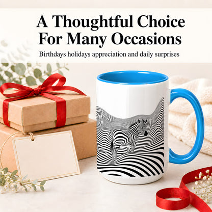 #pl[15oz|Blue] Optical Zebra Ceramic Mug, Black White Wave Art for Animal Lovers