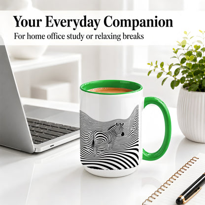 #pl[15oz|Green] Optical Zebra Ceramic Mug, Black White Wave Art for Animal Lovers