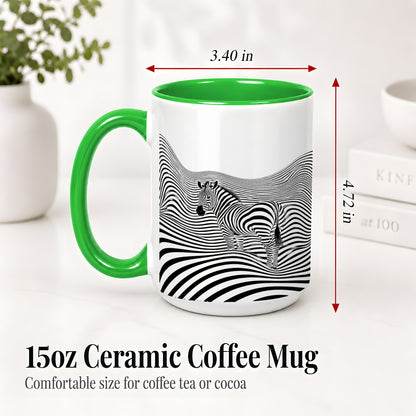 #pl[15oz|Green] Optical Zebra Ceramic Mug, Black White Wave Art for Animal Lovers