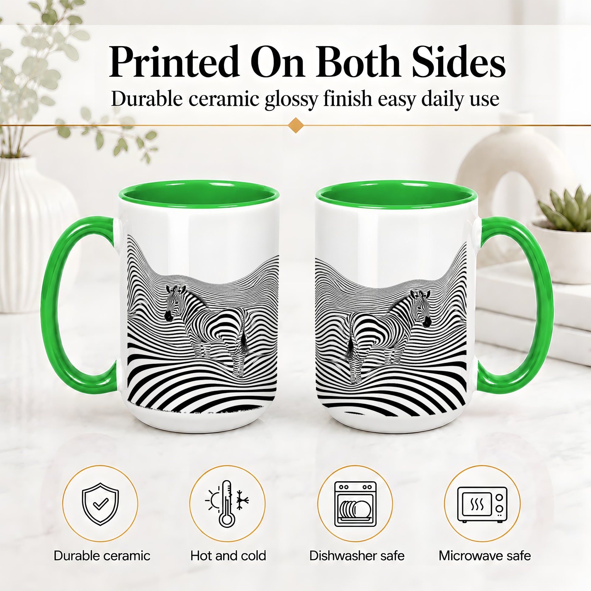 #pl[15oz|Green] Optical Zebra Ceramic Mug, Black White Wave Art for Animal Lovers