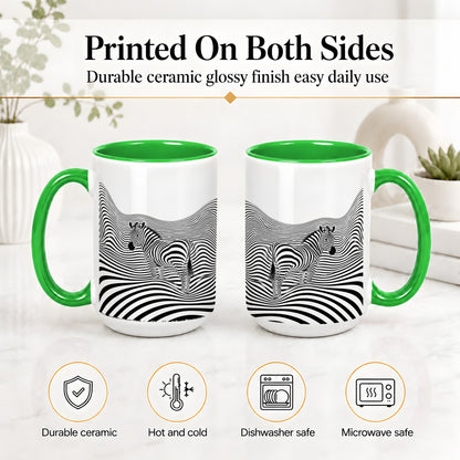 #pl[15oz|Green] Optical Zebra Ceramic Mug, Black White Wave Art for Animal Lovers