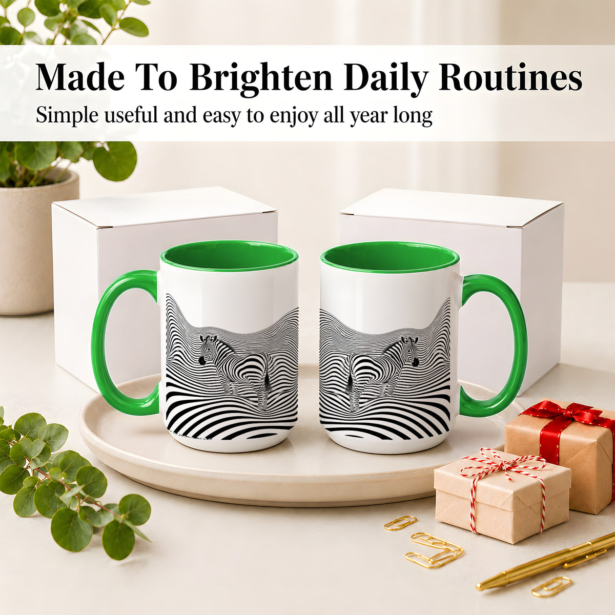 #pl[15oz|Green] Optical Zebra Ceramic Mug, Black White Wave Art for Animal Lovers
