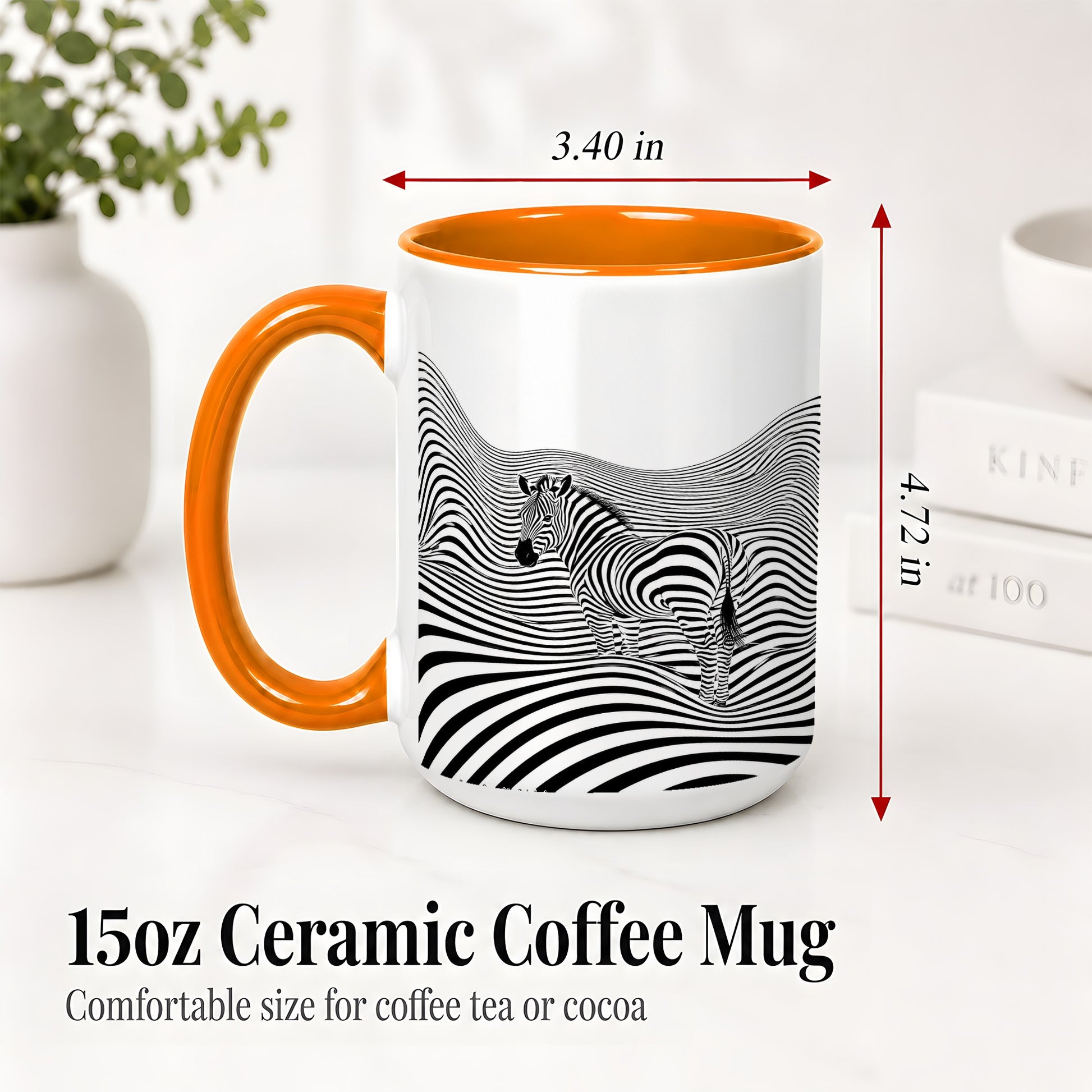 #pl[15oz|Orange] Optical Zebra Ceramic Mug, Black White Wave Art for Animal Lovers