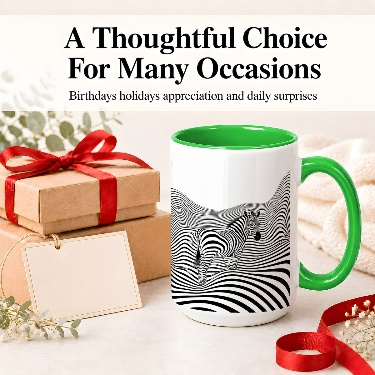 #pl[15oz|Green] Optical Zebra Ceramic Mug, Black White Wave Art for Animal Lovers