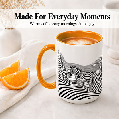#pl[15oz|Orange] Optical Zebra Ceramic Mug, Black White Wave Art for Animal Lovers