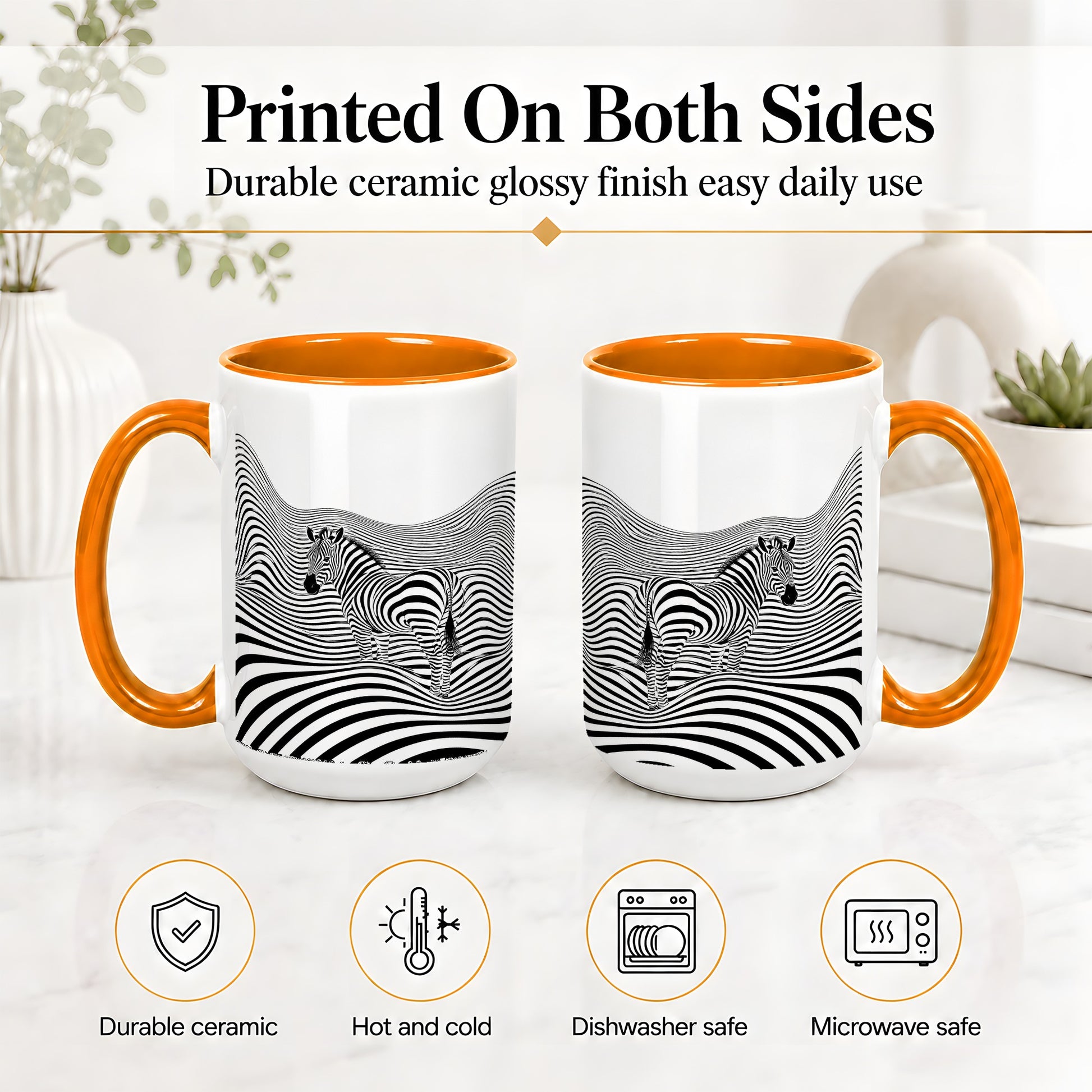 #pl[15oz|Orange] Optical Zebra Ceramic Mug, Black White Wave Art for Animal Lovers