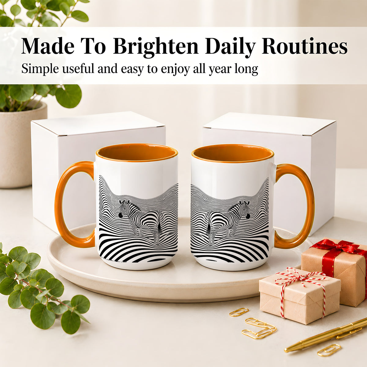 #pl[15oz|Orange] Optical Zebra Ceramic Mug, Black White Wave Art for Animal Lovers
