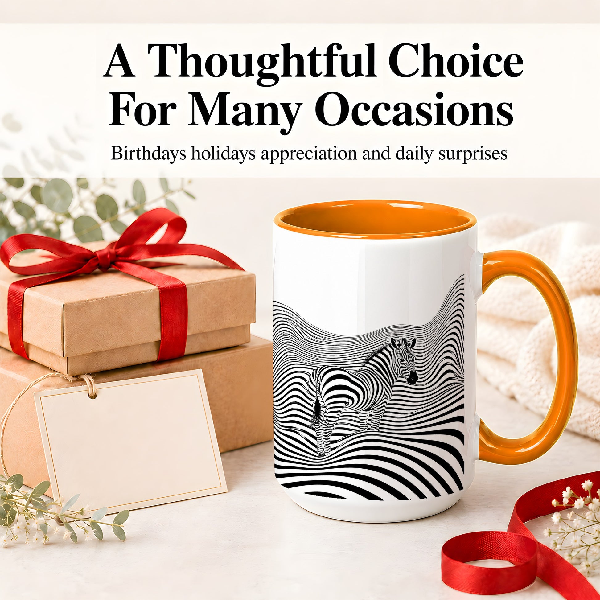 #pl[15oz|Orange] Optical Zebra Ceramic Mug, Black White Wave Art for Animal Lovers