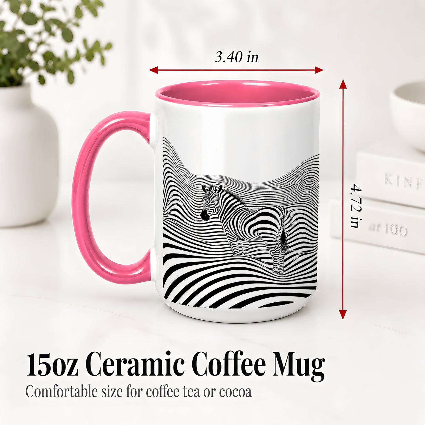 #pl[15oz|Pink] Optical Zebra Ceramic Mug, Black White Wave Art for Animal Lovers