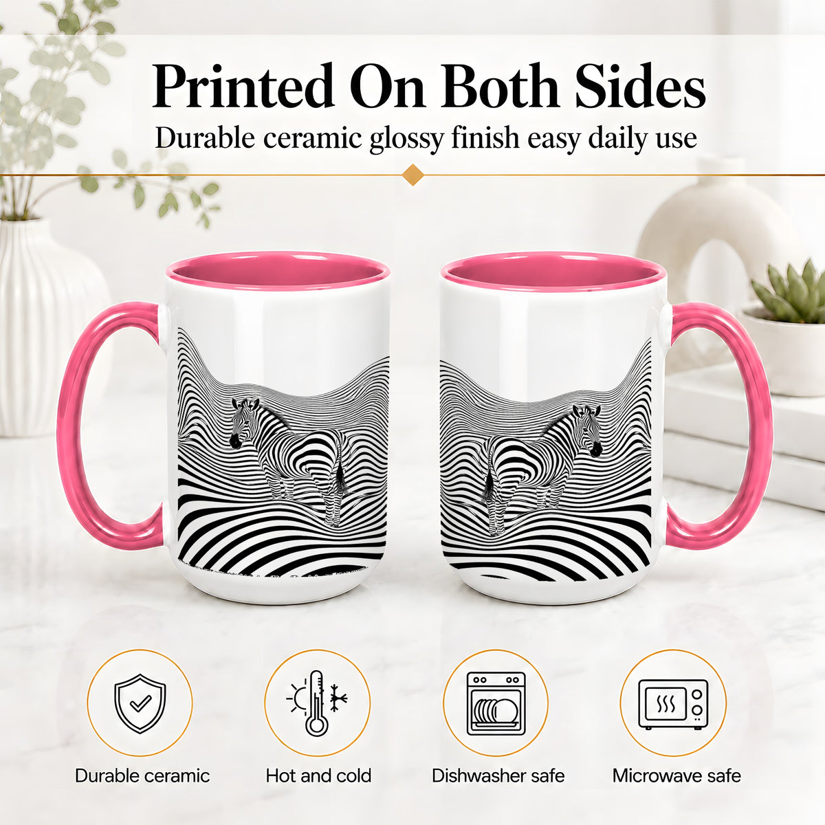 #pl[15oz|Pink] Optical Zebra Ceramic Mug, Black White Wave Art for Animal Lovers