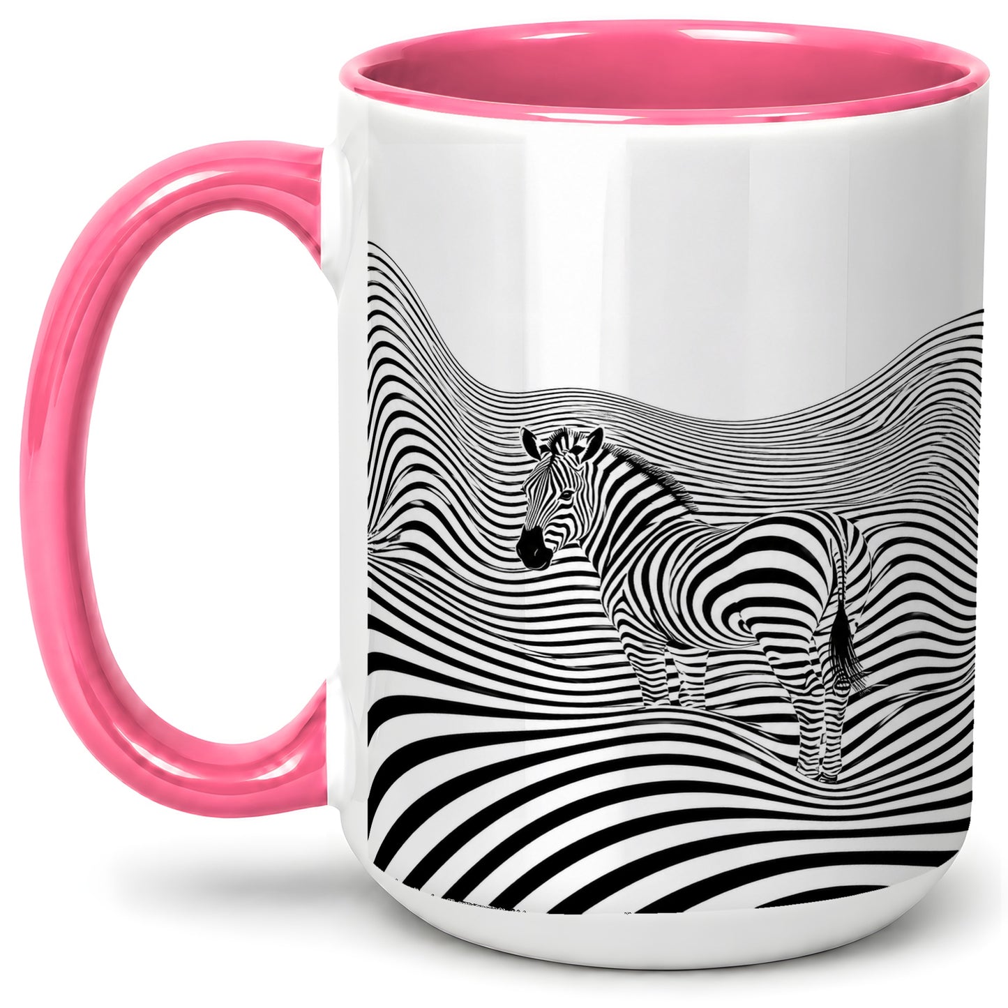 #pl[15oz|Pink] Optical Zebra Ceramic Mug, Black White Wave Art for Animal Lovers