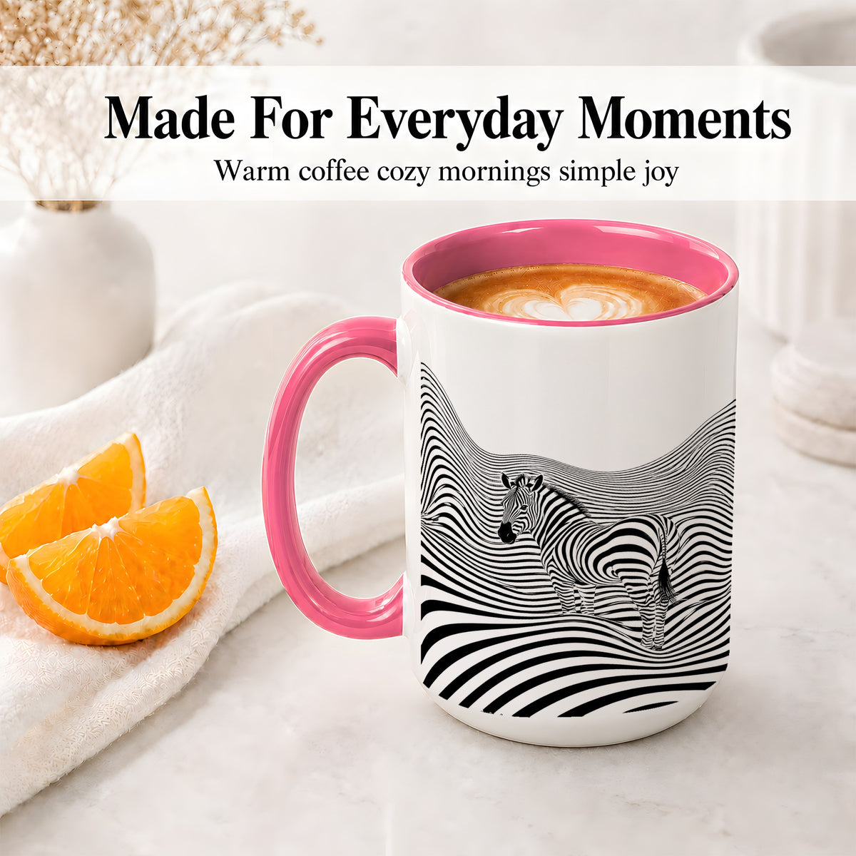 #pl[15oz|Pink] Optical Zebra Ceramic Mug, Black White Wave Art for Animal Lovers