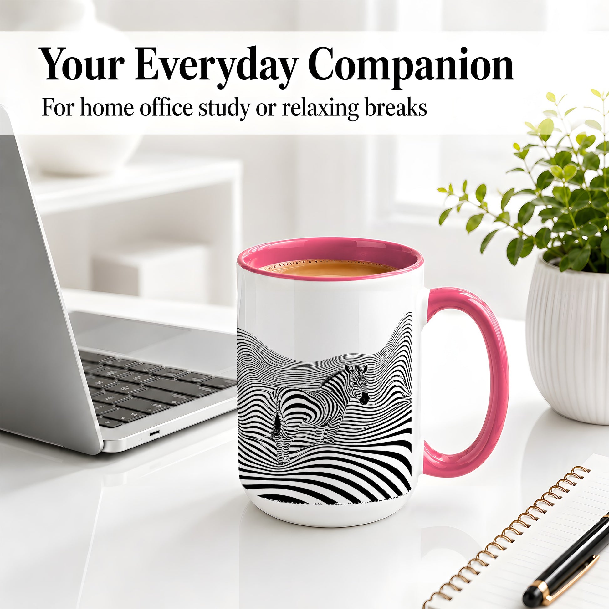 #pl[15oz|Pink] Optical Zebra Ceramic Mug, Black White Wave Art for Animal Lovers