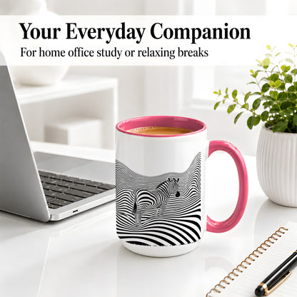 #pl[15oz|Pink] Optical Zebra Ceramic Mug, Black White Wave Art for Animal Lovers