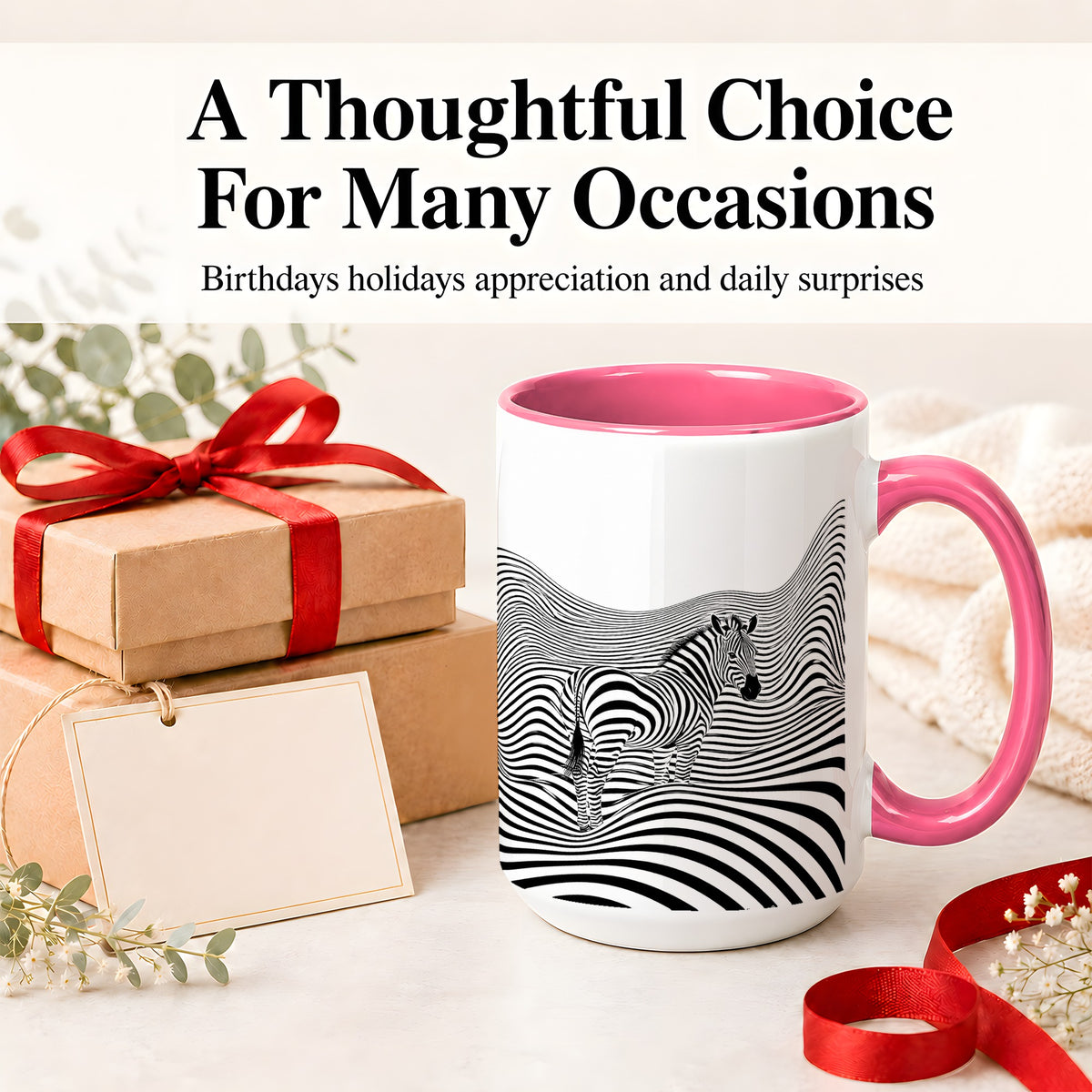 #pl[15oz|Pink] Optical Zebra Ceramic Mug, Black White Wave Art for Animal Lovers