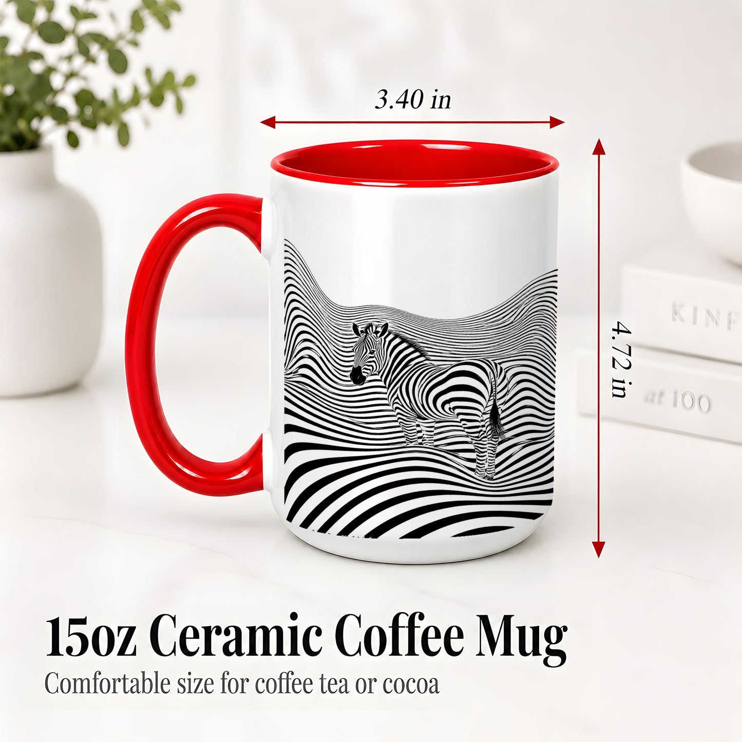 #pl[15oz|Red] Optical Zebra Ceramic Mug, Black White Wave Art for Animal Lovers