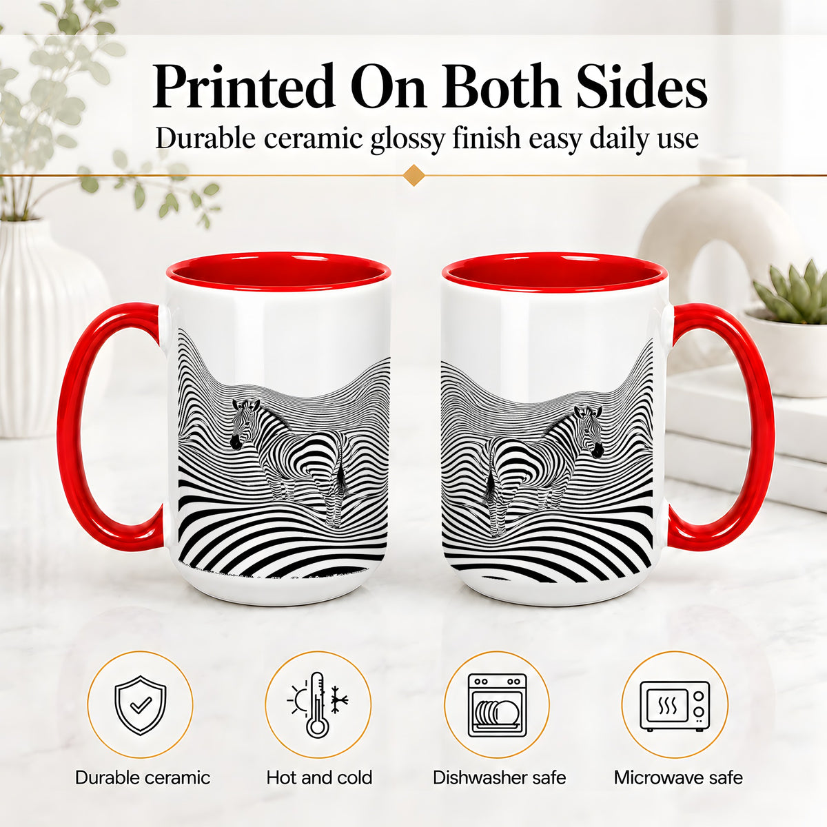 #pl[15oz|Red] Optical Zebra Ceramic Mug, Black White Wave Art for Animal Lovers
