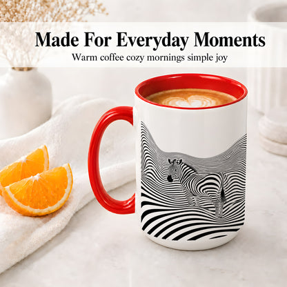 #pl[15oz|Red] Optical Zebra Ceramic Mug, Black White Wave Art for Animal Lovers