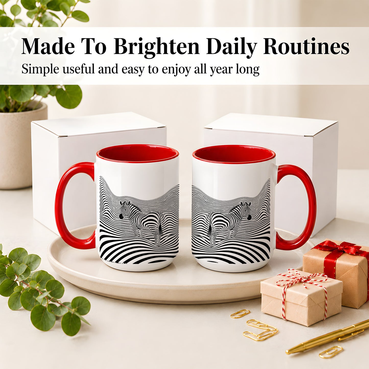#pl[15oz|Red] Optical Zebra Ceramic Mug, Black White Wave Art for Animal Lovers