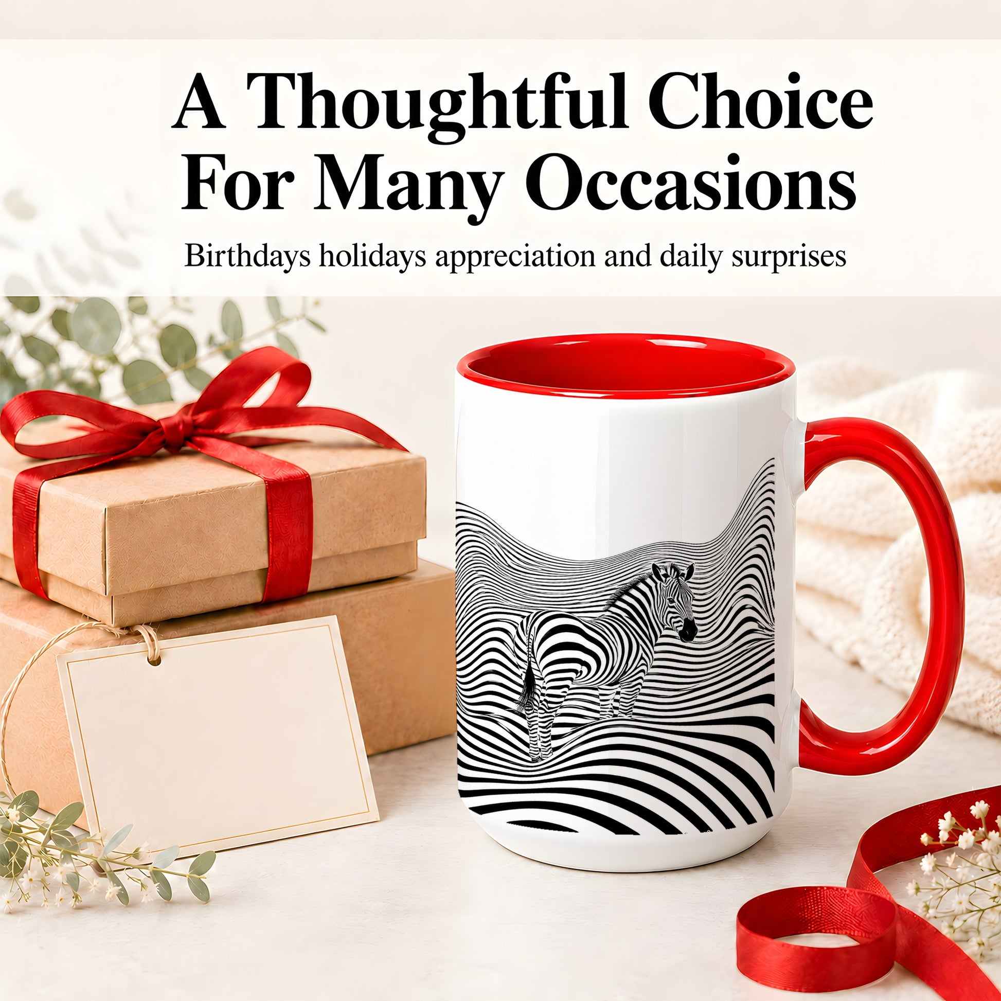 #pl[15oz|Red] Optical Zebra Ceramic Mug, Black White Wave Art for Animal Lovers