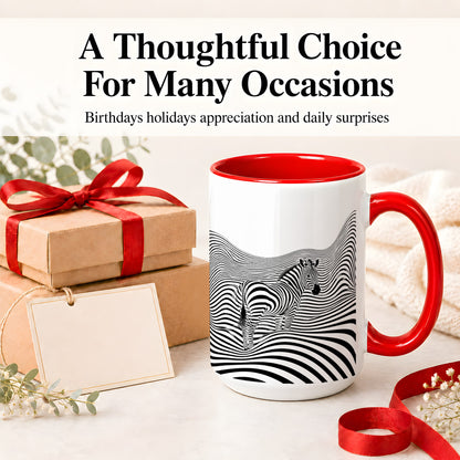 #pl[15oz|Red] Optical Zebra Ceramic Mug, Black White Wave Art for Animal Lovers
