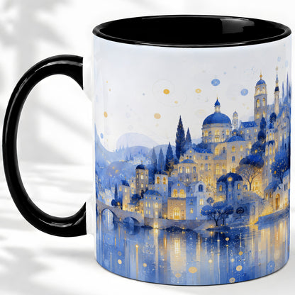 #pl[11oz|Black] Blue Fantasy City Ceramic Mug, Watercolor Nightscape Artwork