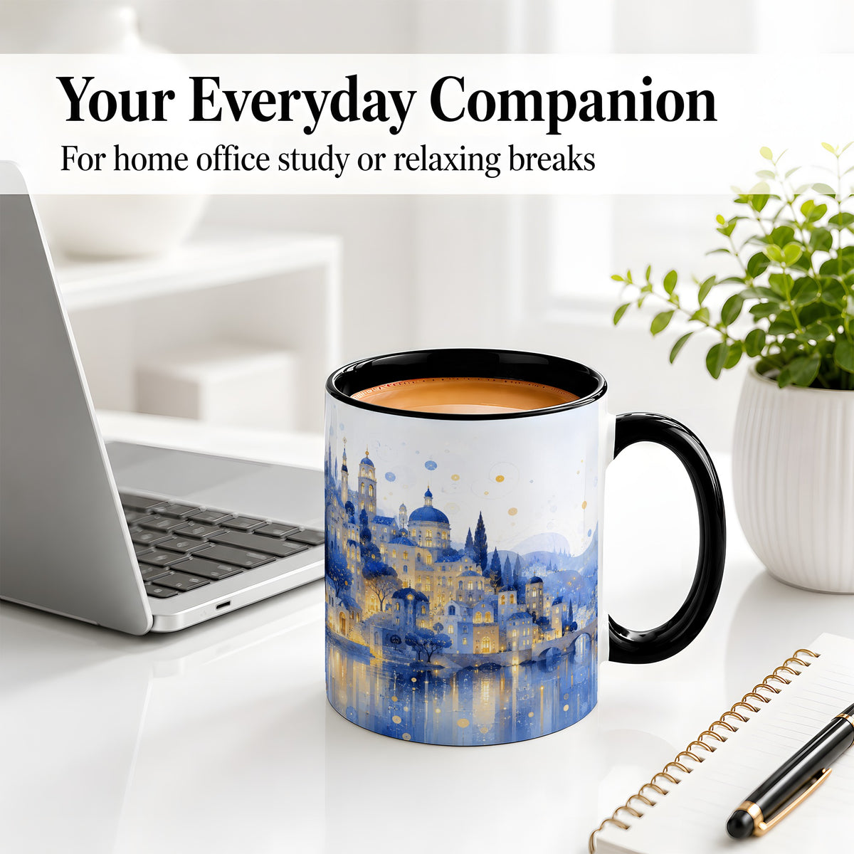 #pl[11oz|Black] Blue Fantasy City Ceramic Mug, Watercolor Nightscape Artwork