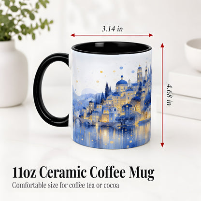 #pl[11oz|Black] Blue Fantasy City Ceramic Mug, Watercolor Nightscape Artwork